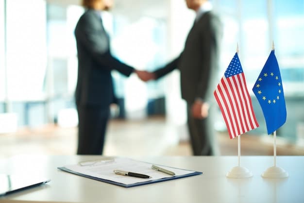 A close-up image of trade agreement documents being signed by representatives from the US and another country, highlighting the legal and formal aspects of trade agreements.