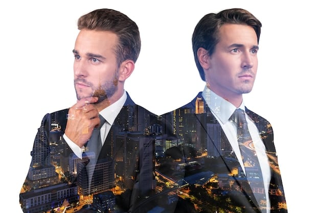 A split image showing two scenarios: on one side, a businessperson looking stressed with rising interest rates and on the other side, a businessperson smiling with stable or decreasing interest rates.