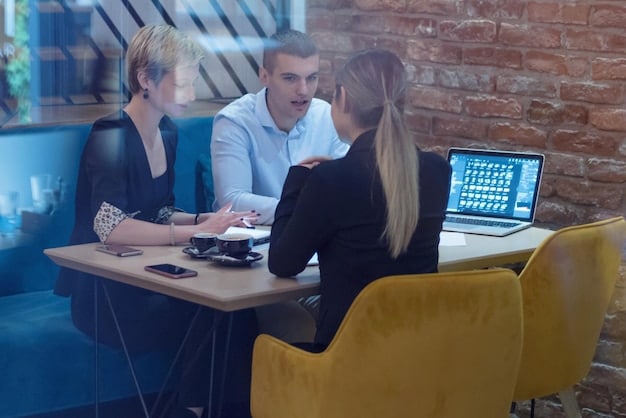 A group of business professionals collaborating in a modern office setting, discussing investment strategies. The scene conveys teamwork, strategic planning, and the excitement of growth opportunities.