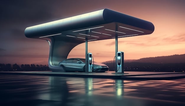 A sleek, modern Tesla electric car charging at a Supercharger station, with solar panels visible in the background, symbolizing sustainable technology and innovation.