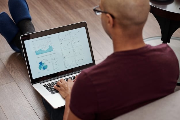 A close-up shot of a person using a data analytics software on a laptop, with various data points and charts visible on the screen.