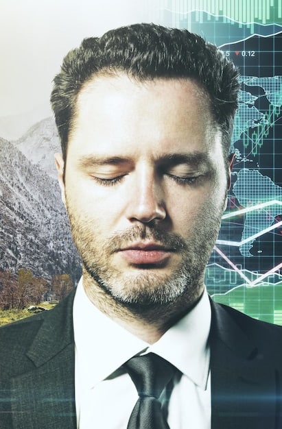 A close-up of a businessman's concerned face as he looks at a stock market chart plummeting on his computer screen, emphasizing the stress and potential financial losses associated with economic volatility.
