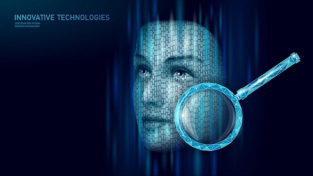 A digital representation of an AI algorithm being inspected by a magnifying glass with the FCC logo subtly in the background, highlighting the scrutiny and regulatory oversight of AI.