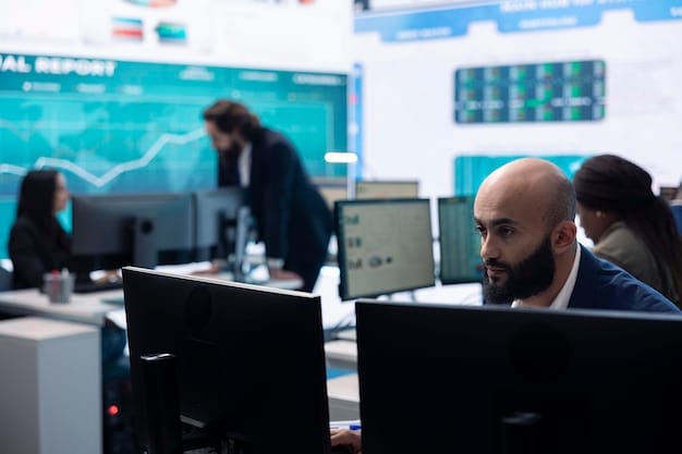 A focused image of a data analyst working at a computer, surrounded by multiple screens displaying intricate charts and graphs. The lighting should emphasize the concentration and analytical nature of the work.