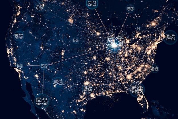 A map of the United States highlighting areas where 5G deployment is currently underway or planned, with a focus on rural regions. The map also shows the locations of subsidized projects and infrastructure developments.