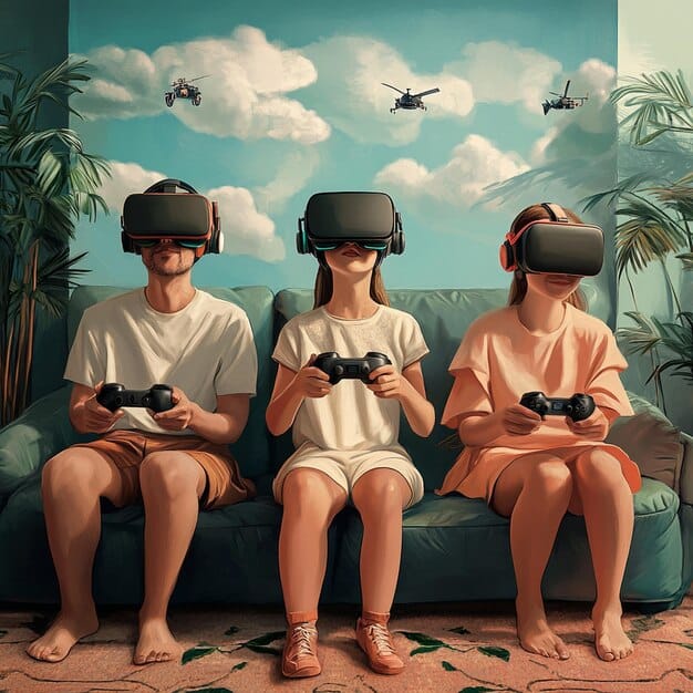 A collage showing four distinct scenes: a gamer wearing a VR headset, a person virtually 