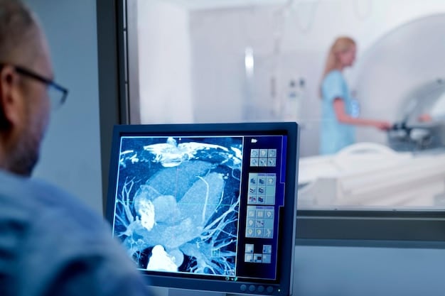 A visual representation of AI algorithms analyzing medical data in real-time, displayed on a monitor in a modern hospital setting, highlighting the practical applications of AI in healthcare.