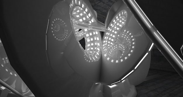 Close-up shot of a 3D-printed rocket engine component, showcasing the intricate design and advanced materials used. The lighting highlights the texture and precision of the part.