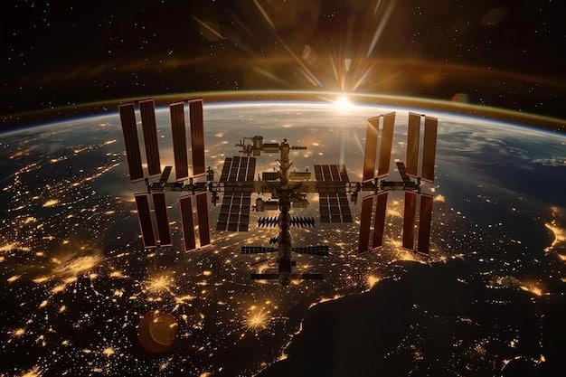 Artistic rendering of a future space station orbiting Earth, with several commercial spacecraft docked. The station is modular and futuristic, with solar panels and communication arrays.