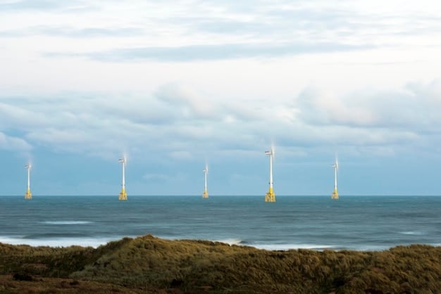 An aerial view of an offshore wind farm with several wind turbines generating electricity in the ocean.