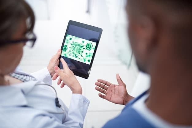 A doctor using a tablet to monitor a patient's vital signs remotely, showcasing the application of edge computing in healthcare and the ability to access real-time data for informed decision-making.