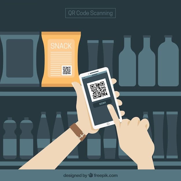 A smartphone scanning a product’s QR code. Pop-up on the phone screen displays information like the product's origin, manufacturing date, and journey through the supply chain. The image conveys that with a simple scan, consumers verify authenticity using block chain technology, thus boosting consumer confidence.