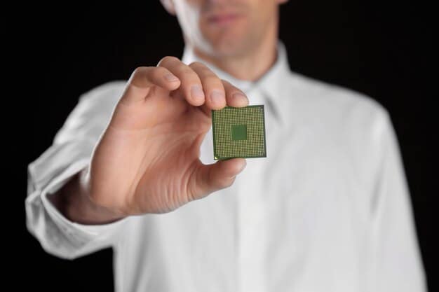 A close-up shot of a hand holding a semiconductor chip, with a blurred background of a busy factory, highlighting the rising costs of essential components in the tech industry.