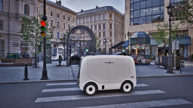 An autonomous delivery vehicle on a city street, illustrating the latest trend in last-mile delivery automation.