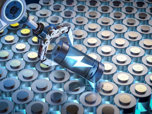 A close-up view of a Tesla robotic arm precisely assembling the cells of an automotive battery. Focus on the precision of the procedure and the complexity of the batteries.