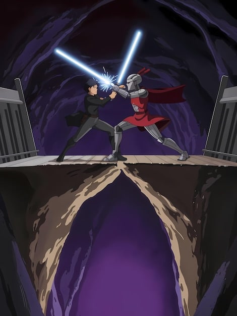 A dynamic scene from a Star Wars movie, featuring a lightsaber duel between a Jedi and a Sith Lord. The image captures the epic scope and visual grandeur of the franchise.