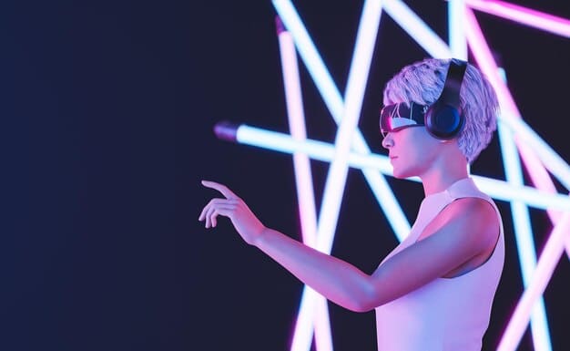A person wearing a VR headset and headphones, seemingly immersed in a virtual concert environment. Graphics of a stage and band are visible within the headset.