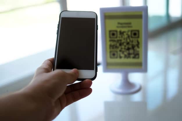A close-up of a smartphone displaying a digital concert ticket secured with blockchain technology. A QR code and blockchain logo are visible on the screen.