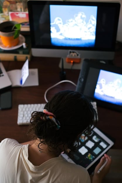A behind-the-scenes shot of a visual effects artist working on a computer, surrounded by multiple screens displaying complex CGI models and simulations. The image underscores the intricate and technical nature of creating visual effects for movies.