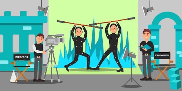 A film crew using motion capture suits and working within a large LED volume stage, showcasing the use of virtual production technology in real-time filmmaking. The environment is a detailed fantasy landscape.