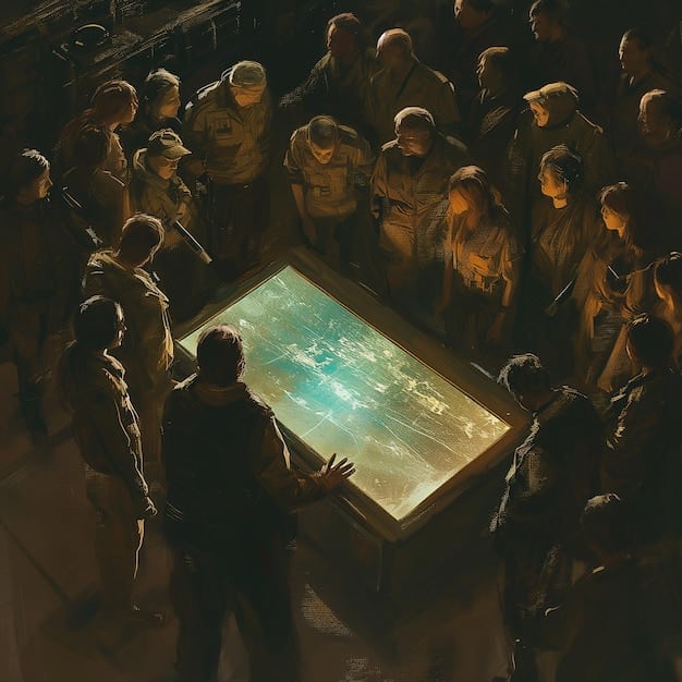 A diverse group of people interacting with a large holographic screen displaying branching narrative options for a TV show, indicating interactive storytelling and audience participation.