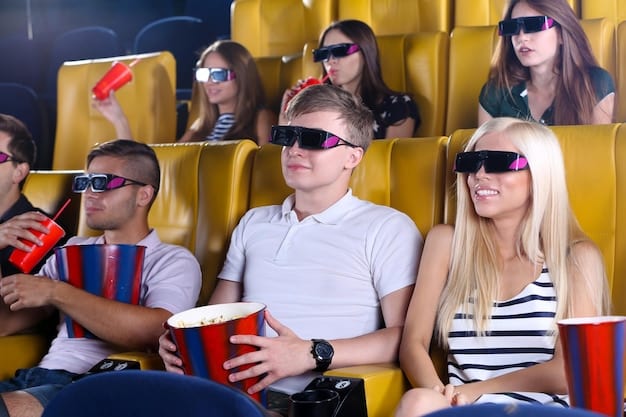 A movie theater filled with eager fans wearing 3D glasses, all looking up at the screen with expressions of excitement and anticipation, captured in a wide shot with an emphasis on the communal movie-watching experience.