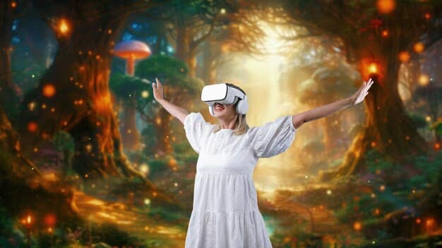 A first-person view inside a virtual reality headset, showing a vibrant 3D animated world with interactive elements and characters, illustrating the blend of 3D and VR technologies.