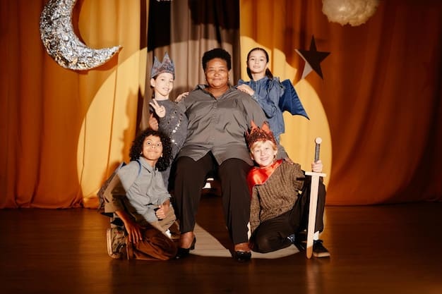 A group of diverse theatergoers, including people with disabilities and families with young children, are enjoying a Broadway show with open captions displayed on a screen. The scene is vibrant and inclusive, representing a welcoming environment for all.
