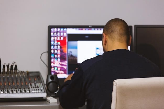 Dr. Dre in his studio, focusing intently on the mixing console with multiple screens displaying audio waveforms around him.