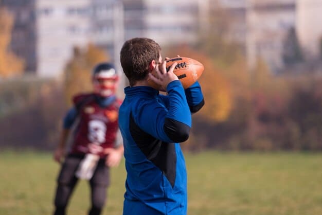 An image capturing an NFL quarterback in the act of throwing a football during a game. The focus is on the quarterback's focused expression and the spiral of the ball, with blurred players in the background.