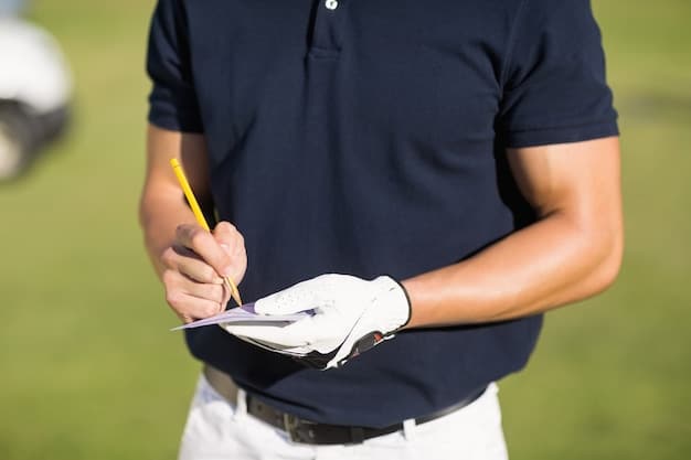 A close-up shot of a PGA Tour official holding a clipboard, with a blurred background of golfers practicing on a driving range. The focus is on the official's serious expression, suggesting they are making important decisions about the tour's operations.