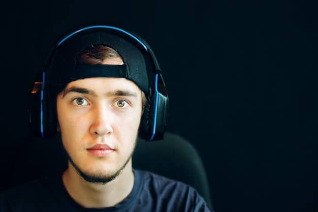 A close-up shot of an esports player intensely focused on the game, with a headset and microphone, illustrating the concentration and skill required.