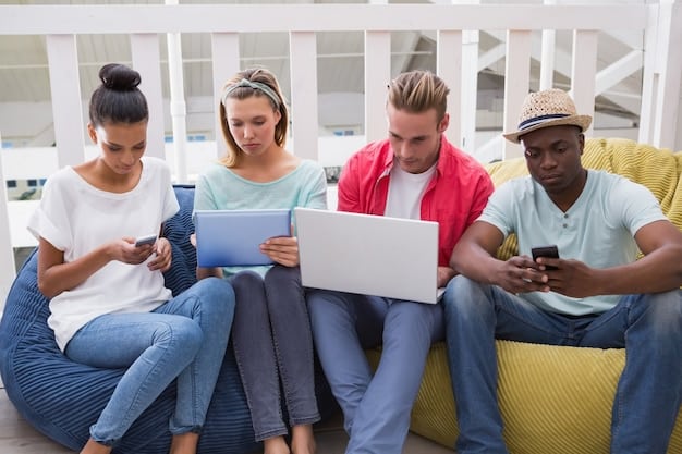 A group of young adults, representative of Gen Z, multitasking with various digital devices such as smartphones, tablets, and laptops, while engaging in social media, online shopping, and content consumption. The image should highlight their digital savviness and interconnectedness.