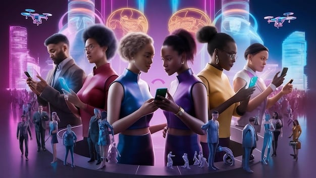 A diverse group of people interacting with intelligent devices, with subtle, glowing ethical AI symbols interwoven, illustrating how responsible AI deployment benefits society.