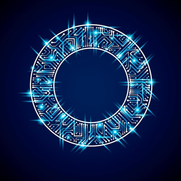 A detailed quantum computing chip with intricate circuitry bathed in blue light, symbolizing the core technology behind advanced military applications, with faint military symbols blurred in the background.