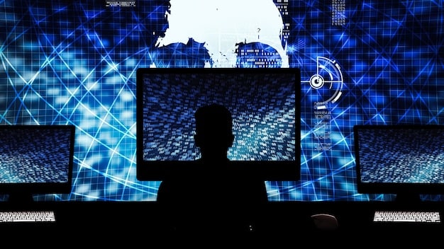 A shadowed figure in front of multiple glowing computer screens displaying lines of code and network diagrams, hinting at a sophisticated, anonymous cyber attacker.