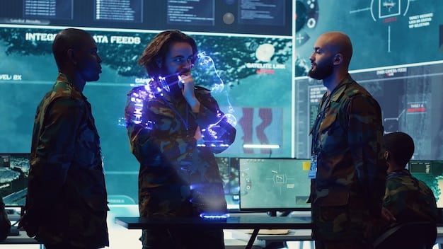 A diverse team of cybersecurity professionals, both government and private sector, collaborating intensely around a large screen displaying complex network schematics and threat analysis dashboards.