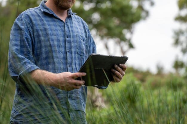 A close-up of a farmer using a tablet connected to a drone, illustrating precision agriculture application of 5G in a rural field, with data overlay on the screen.