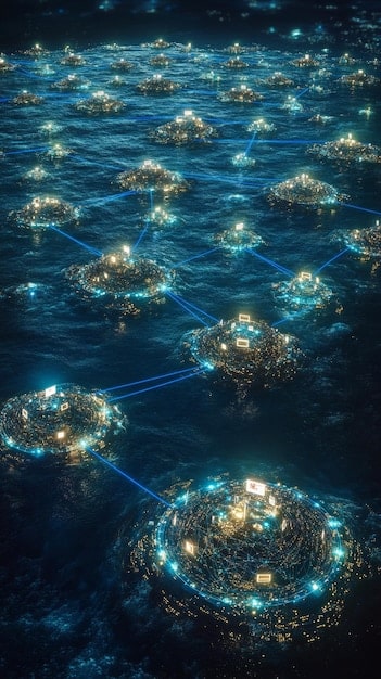 A visual representation of interoperability in the metaverse, showing multiple distinct virtual platforms seamlessly connecting with each other, perhaps with arrows or pathways illustrating data flow and user transitions between different digital environments.