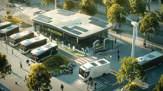 A detailed rendering of a futuristic smart city with numerous charging stations, autonomous EVs, and integrated renewable energy sources like solar panels on buildings, representing sustainable urban mobility.