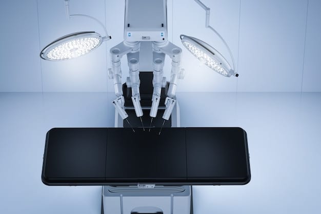 A robotic arm with surgical tools delicately performing an operation, with human surgeons observing on monitors in a sterile environment. Emphasize precision and technological assistance.