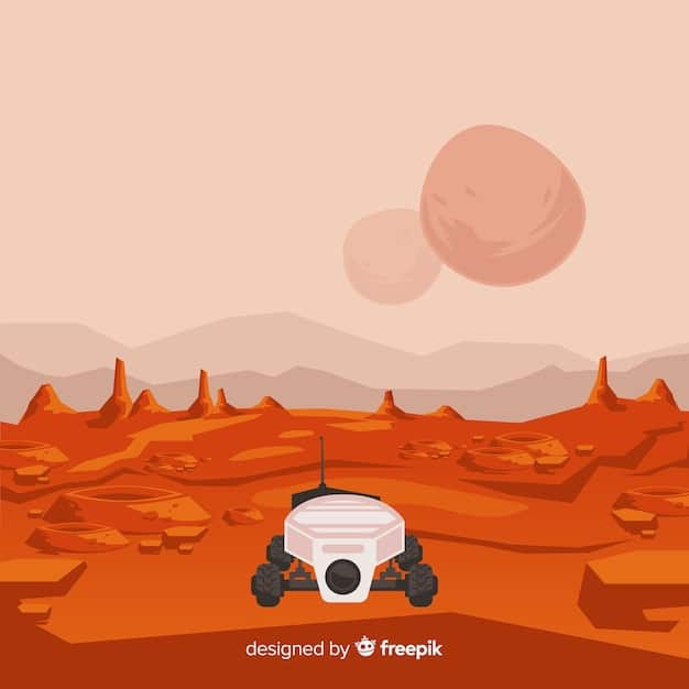 A detailed illustration of the Perseverance rover on the Martian surface, with the Ingenuity helicopter flying nearby, and the Martian landscape.