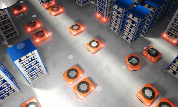 An array of autonomous mobile robots (AMRs) efficiently moving diverse packages through a large, brightly lit warehouse, demonstrating streamlined logistics and order fulfillment.