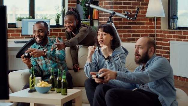 A diverse group of people laughing and enjoying a live esports event projected onto a large cinema screen, showcasing the communal and exciting atmosphere.