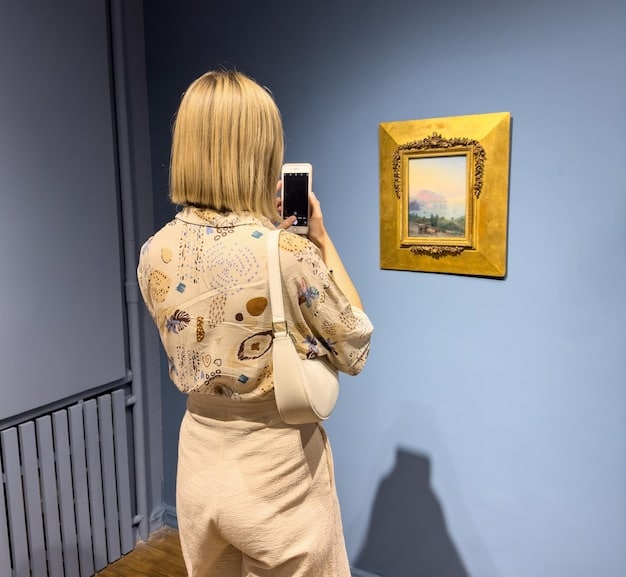 A museum visitor is using a smartphone app to scan a historic painting, with the phone screen showing an augmented reality overlay of the artist explaining their technique.