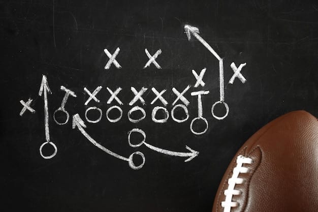 A complex American football diagram on a whiteboard, showing offensive and defensive formations with arrows and Xs and Os, symbolizing strategic planning.
