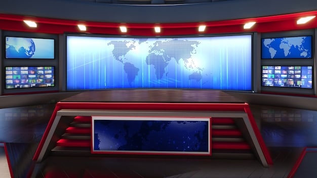A dynamic image of a sports commentator in a broadcast booth, surrounded by multiple screens displaying live game statistics, with bright studio lights and microphones.