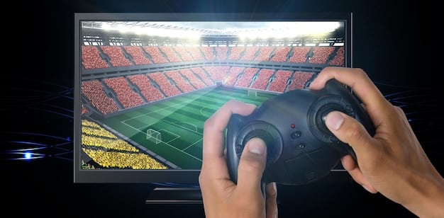 A futuristic interface showing multiple sports games being streamed simultaneously on a single large screen, with interactive overlays for statistics, betting odds, and social media feeds, illustrating advanced viewing capabilities.