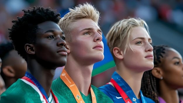 A diverse group of athletes from different countries standing together on a podium, symbolizing global unity and breaking down social barriers through sport in the Olympic setting.