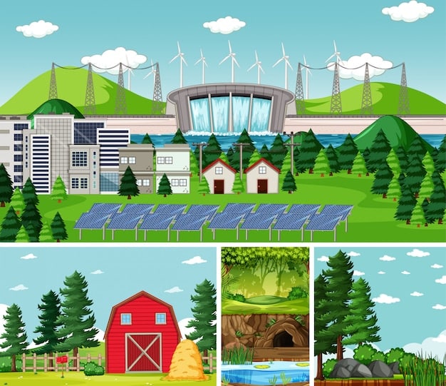 A detailed diagram showing a sustainable Olympic village with green roofs, solar panels, and water recycling systems, emphasizing eco-friendly design for future Games.